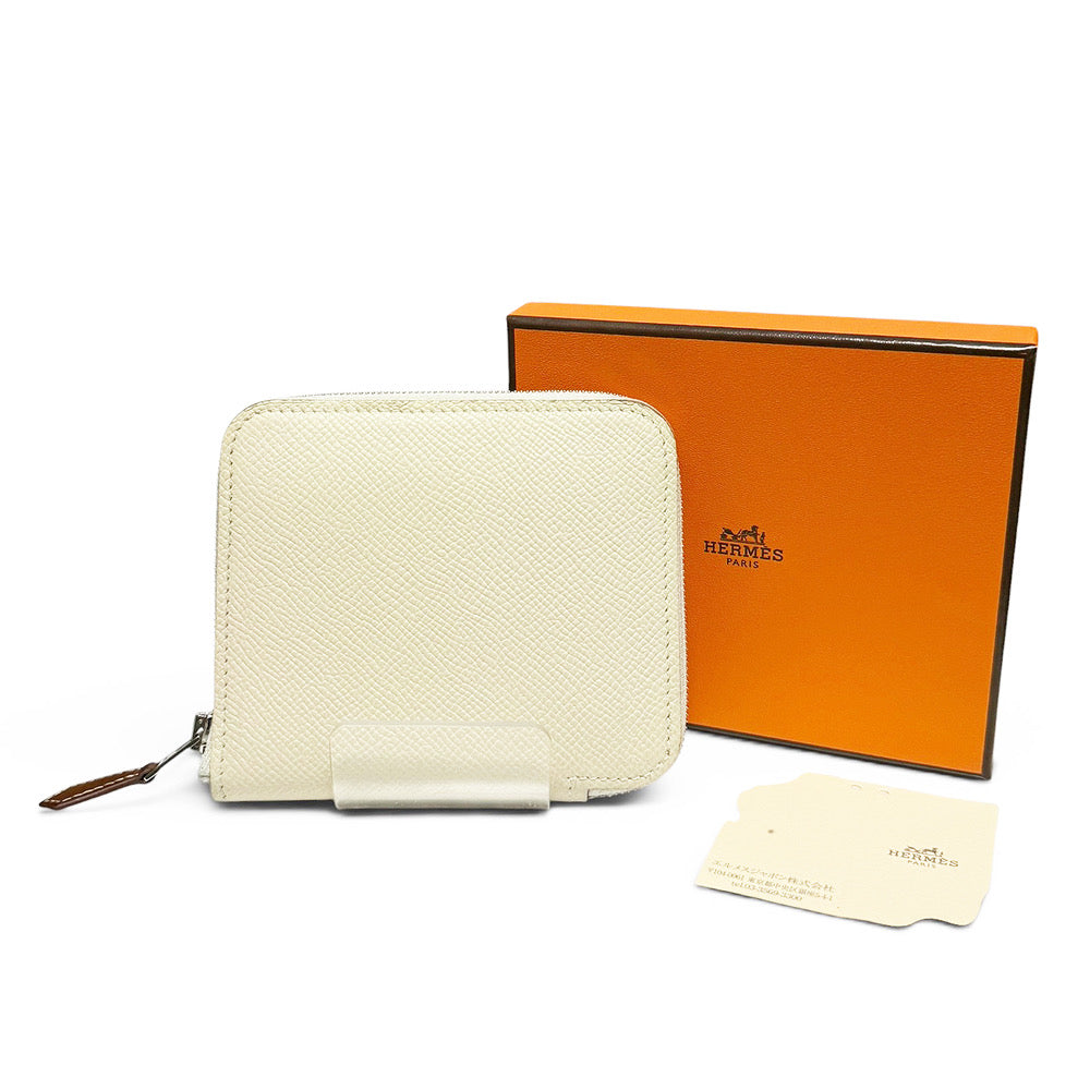 【中古】エルメス HERMES アザップ コンパクト ウォレット シルク イン 財布 ラウンド ヴォーエプソン クレ ベージュ 白 B刻印 箱付き
