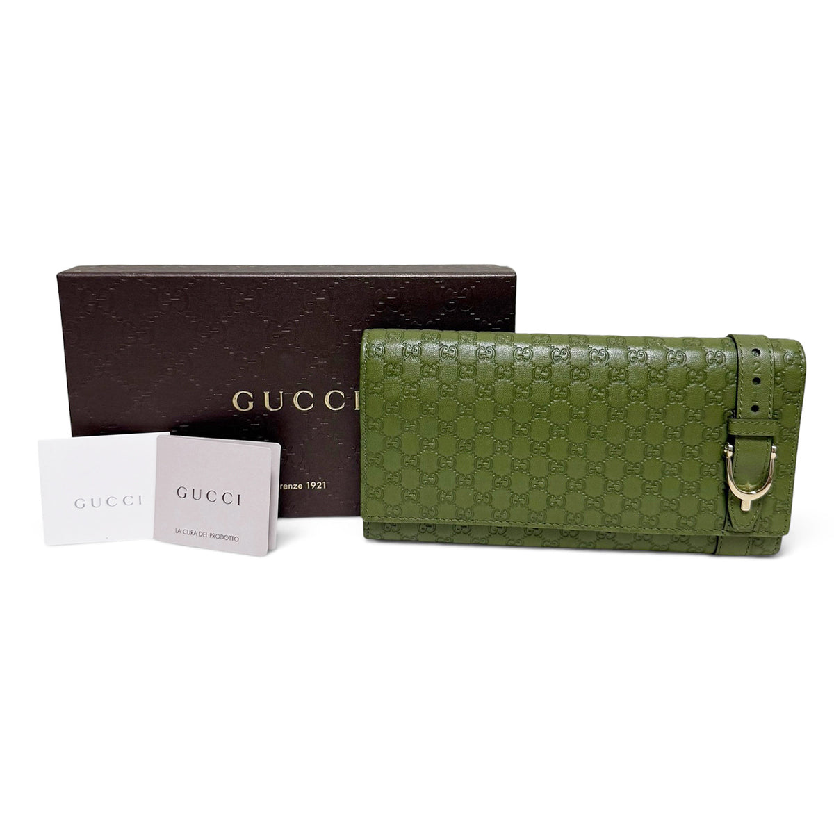 【未使用・保管品】グッチ GUCCI マイクログッチシマ 二つ折り 長財布 ウォレット コイン カード ケース 緑 グリーン レザー 309760 箱付