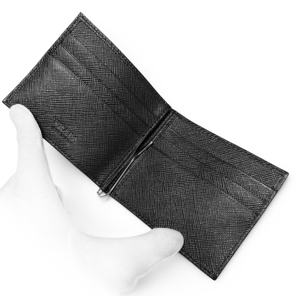 【美品】プラダ PRADA 二つ折り マネークリップ 財布 サフィアーノ レザー ブラック 黒 2MN077 札入れ カードケース メンズ プレート 箱付