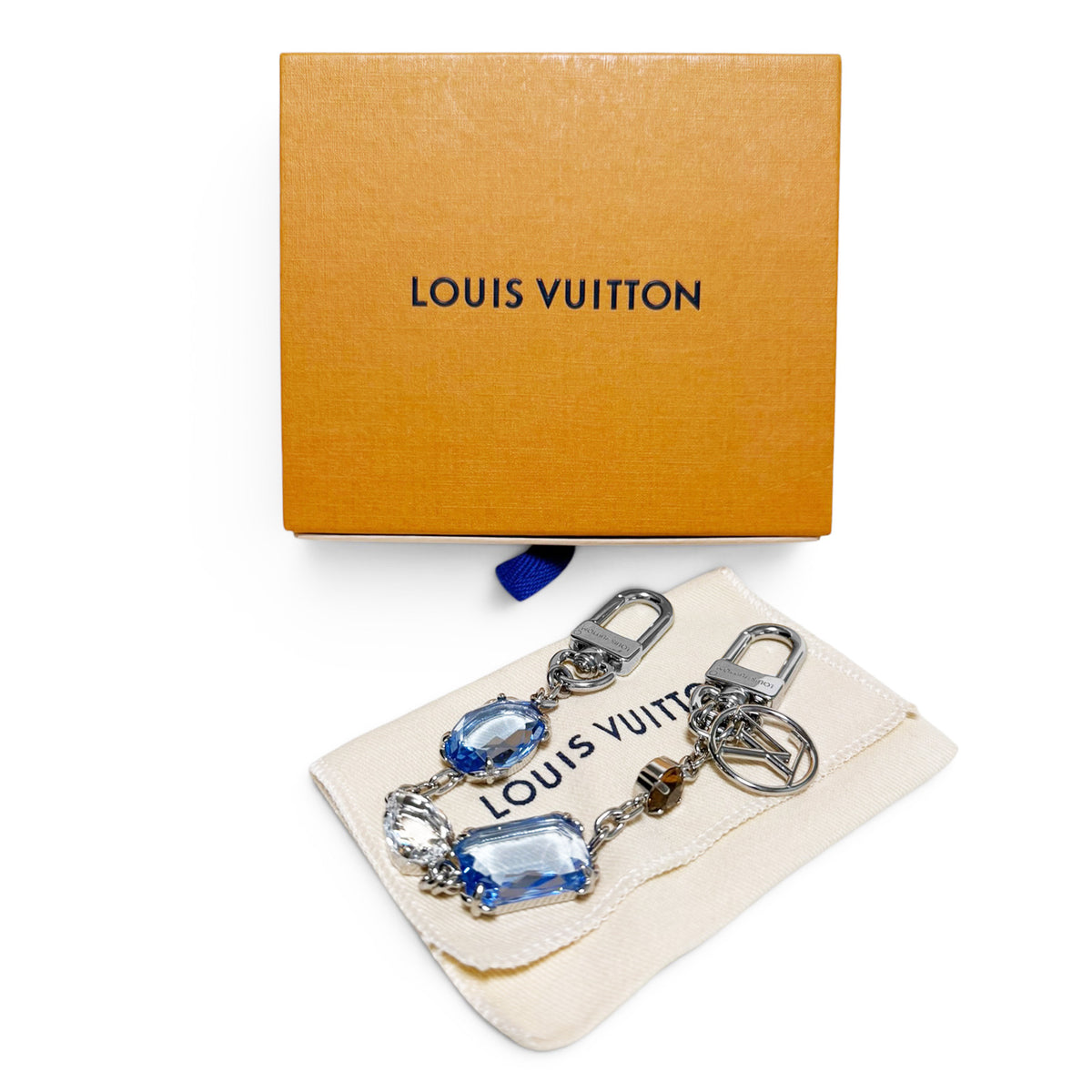 【美品】ルイ ヴィトン LOUIS VUITTON バッグ チャーム ヘアルーム キーホルダー ビジュー 水色 メタル シルバー ブルー ブラウン M02759