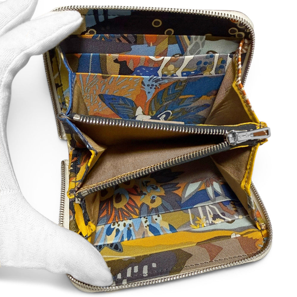 【中古】エルメス HERMES アザップ コンパクト ウォレット シルク イン 財布 ラウンド ヴォーエプソン クレ ベージュ 白 B刻印 箱付き
