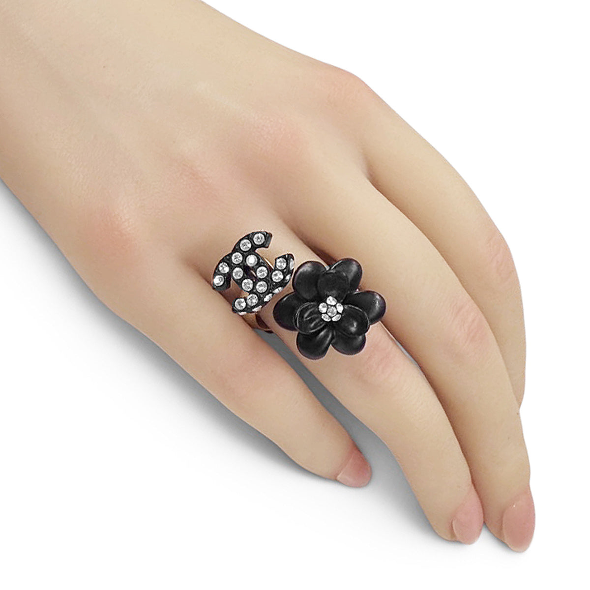 【未使用・保管品】シャネル CHANEL リング 指輪 ココマーク ロゴ ラインストーン フラワー 花 ブラック 黒 ゴールド 11.5号