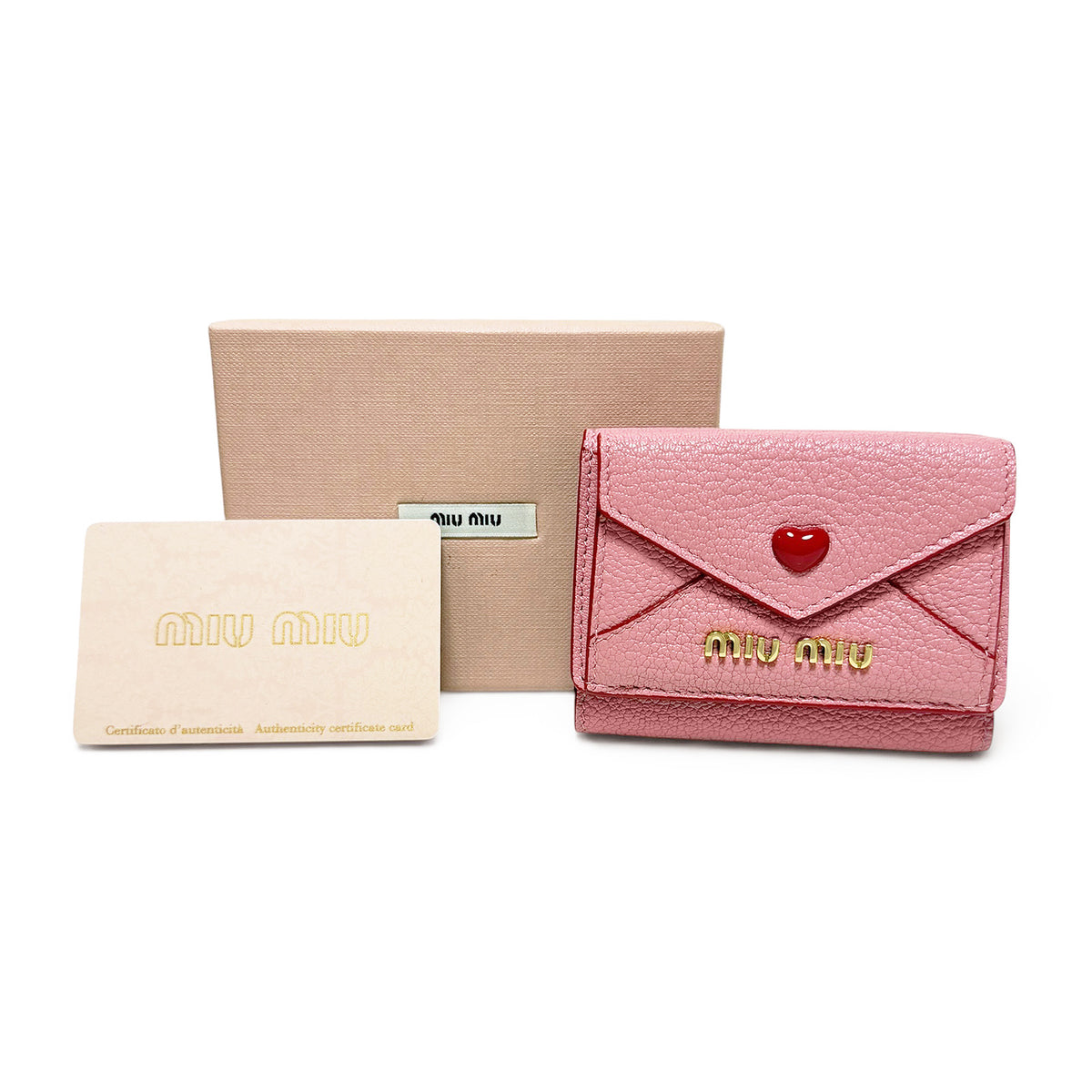 【未使用】ミュウミュウ miumiu マドラス ラブ MADRAS LOVE 三つ折り財布 コンパクト ピンク ROSA コイン カード ケース ハート 5MH021