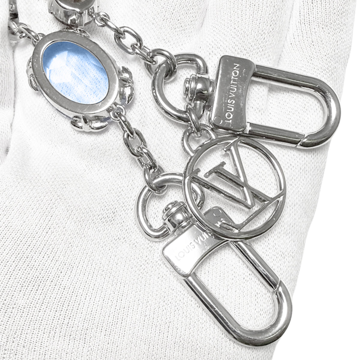 【美品】ルイ ヴィトン LOUIS VUITTON バッグ チャーム ヘアルーム キーホルダー ビジュー 水色 メタル シルバー ブルー ブラウン M02759