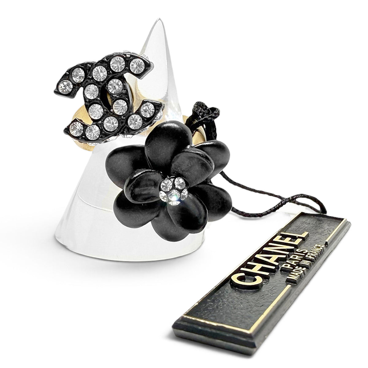 【未使用・保管品】シャネル CHANEL リング 指輪 ココマーク ロゴ ラインストーン フラワー 花 ブラック 黒 ゴールド 11.5号